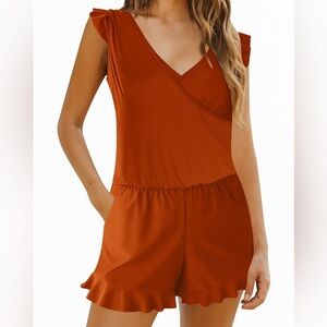 One-Piece Rust Orange Ruffle Swimsuit Romper size L